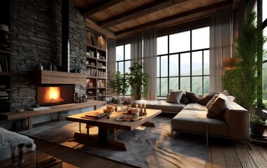 Interior of a farmhouse living room with fireplace. Light modern interior design. AI Generative