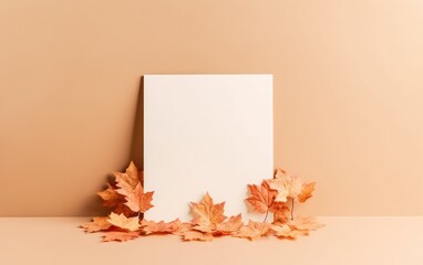 Invitation card mockup with autumn maple tree leaves on beige pastel background. AI Generative