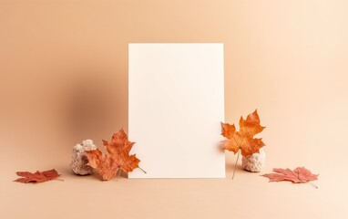 Invitation card mockup with autumn maple tree leaves on beige pastel background. AI Generative