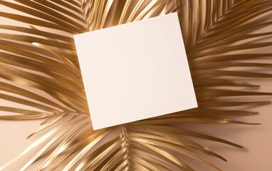 Invitation card mockup with golden palm leaves on beige pastel background. AI Generative