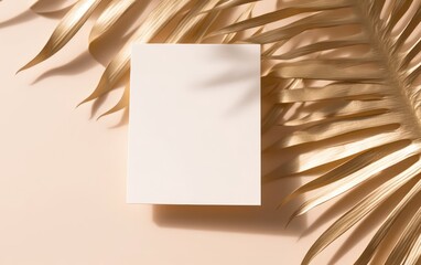 Invitation card mockup with golden palm leaves on beige pastel background. AI Generative
