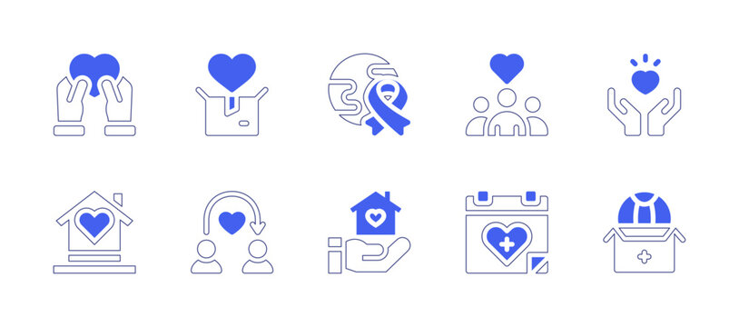 Charity icon set. Duotone style line stroke and bold. Vector illustration. Containing give, charity, world, community, love, lodging, donor, shelter, calendar, toy.