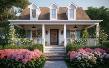 Fototapeta na wymiar Modern farmhouse cottage front porch with flower garden surrounding. AI Generative