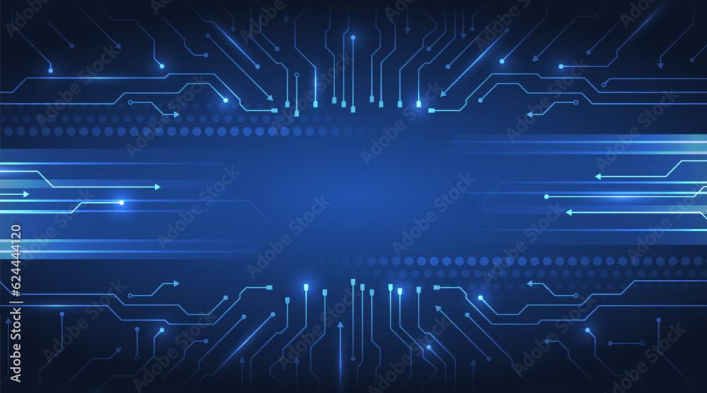 Poster Wide Cyber security internet and networking concept. Hi-tech vector illustration with various technology elements. Abstract circuit board. Digital internet communication on blue background.