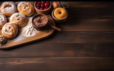 Pastry wooden board, Flour with ingredients of bekery. AI Generative