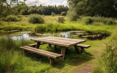 Obraz premium Picnic area in a meadow next to a wildlife pond with a wooden platform. AI Generative