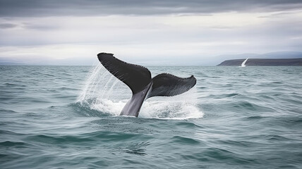 Naklejka premium The Graceful Tail of a Humpback Whale Dancing Beneath Iceland's Cloudy Sky in the Ocean Depths. Generative AI