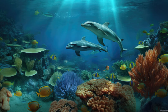 Dolphins and a reef undersea environment. electronic collage images as wallpaper, generative AI