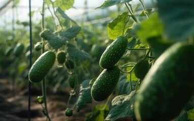 Ripe cucumbers grow on branches in farm greenhouse. AI Generative