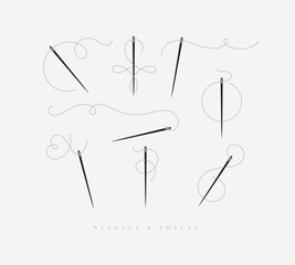 Needles and curly threads in different positions drawing on grey background