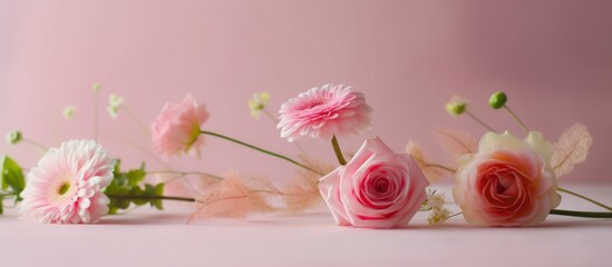 Sweet reomance bouquet of pink flower on a white light pink background. AI Generative