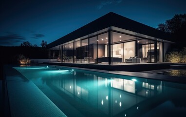Fototapeta na wymiar Swimming pool and modern house at night. AI Generative