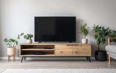Television put on tv stand wood table, in minimal empty space livingroom room. AI Generative