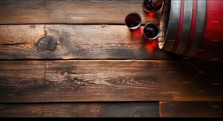 Wine and old barrel of red wine. On a wooden background. Generative AI