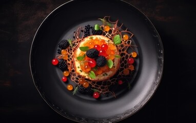 Top view on finely decorated delicious restaurant dish. Haute Cuisine Food. AI Generative
