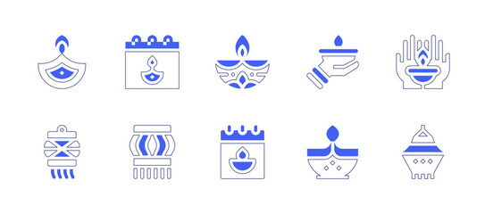Diwali icon set. Duotone style line stroke and bold. Vector illustration. Containing oil lamp, diwali, hand, two hands, lantern, calendar, sail.