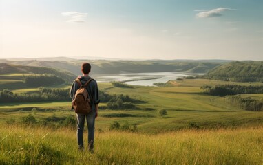 Tourist with backpack standing on top of hill in grass field and enjoying beautiful landscape. AI Generative