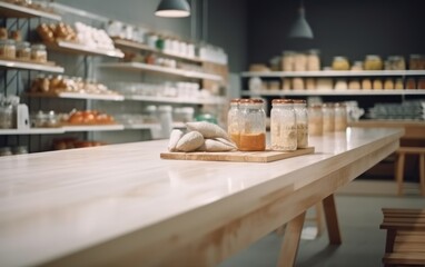 White Table with Supermarket on the background out focus, Food shelf. AI Generative