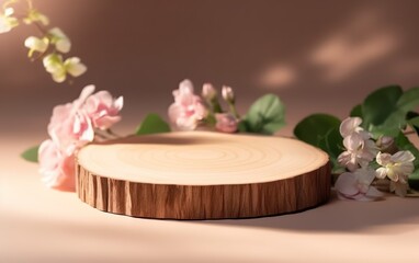 Wooden round podium with flowers and shadows on background. AI Generative