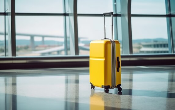 Yellow suitcase in airport departure lounge on airplane background. AI Generative