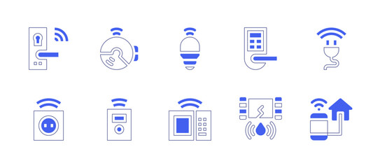 Domotic icon set. Duotone style line stroke and bold. Vector illustration. Containing lock, fire alarm, lightbulb, electronic, plug, socket, remote, microwave, leak, phone.
