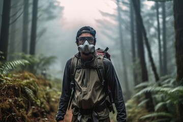 Naklejka premium A thought-provoking photo of a hiker wearing a protective mask amidst a heavily polluted forest, urging viewers to take action against air pollution. Generative AI
