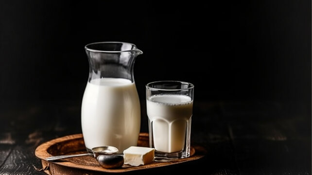 A Glass of Rustic Milk on the Table On a black background. Generative AI