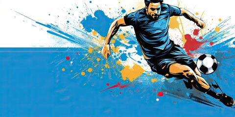 Dynamic Footballer: Action on Blue Football Soccer Generative Ai Digital Illustration