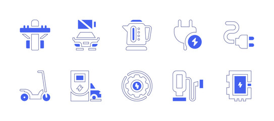 Electricity icon set. Duotone style line stroke and bold. Vector illustration. Containing electric pole, electric car, electric kettle, plug, electrical, electric scooter, gear, electric, fuse box.