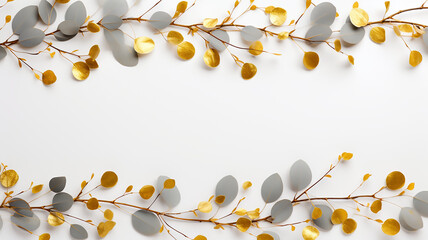 Borders of the frame of gold branches, eucalyptus leaves on a white background. flat layout, top view, Blurry background, template, Bokeh, Copy Space, Generative AI