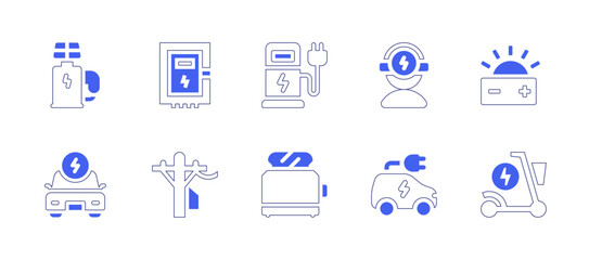 Electricity icon set. Duotone style line stroke and bold. Vector illustration. Containing electric station, fuse box, charger, engineer, solar power, electric car, power line, toaster, electric.