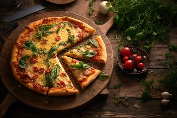 Rustic delicious pizza in a peel surrounded by fresh ingredients. Generated by AI
