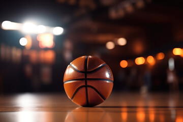 orange basketball ball with lighting bokeh in gym, generative AI