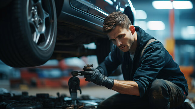 Expert Care Under the Lift: A Skilled Worker Repairing a Vehicle in a Car Service