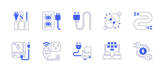 Electricity icon set. Duotone style line stroke and bold. Vector illustration. Containing wiring, socket, cord, no connection, wire, power bank, electric car, solar energy, sustainable energy.
