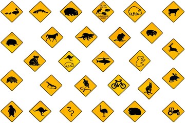 Australian warning road signs from Australia highways. Wildlife animals: Emu, Echidna, Tasmanian Devil, Wombat, Kangaroo, Penguin, Shark, Ducks Snake Rat Deer reptiles and vehicles. Isolated on white. - 624446976