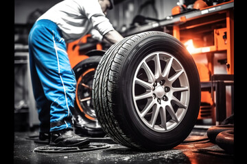 Car Mechanics Changing Tires at an Auto Repair Shop Garage