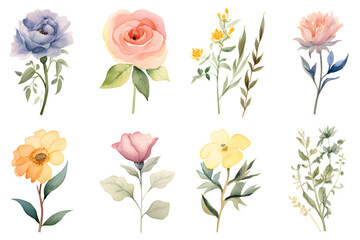 Beautiful colorful flowers and leaves in watercolor paint on white background. Water color hand drawn flower bunch with leaves stock illustration for print. Background and wallpaper. Ai generative