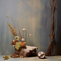Creative wall background, product backdrop with plants, branches and textured stones, commercial template with copy space