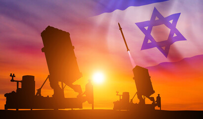 Silhouette of air defense system in sky background . Flag of Israel. National holiday . 3d...