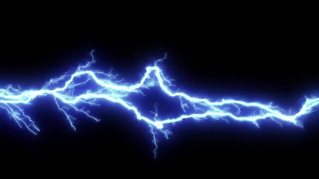 Visualization of a long discharge of blue lightning on a black background.