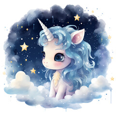 Obraz na płótnie Canvas a cute unicorn gazing up at the starry sky and a tranquil moon Watercolor illustration, AI Generative 