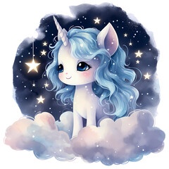  a cute unicorn gazing up at the starry sky and a tranquil moon Watercolor illustration, AI Generative	