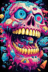 Fototapeta na wymiar Skull Dark Sky-Blue and Pink Graphic Concept Art by Otherworldly Grotesquely in Hyper-Detailed Illustrations