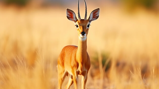 Steenbok, Raphicerus campestris, sunset evening light, Wildlife scene from nature. Animal on the meadow. Deer in the wild Africa. Generative AI