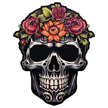 skull illustration decorated with colorful flowers,vector illustration,fully editable,ready to print,eps skull illustration,minimalist skull with flowers,