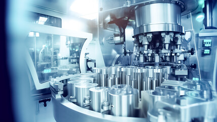 Pharmaceutical machine operating. Automated industrial equipment at pharmaceutical factory. Pharmacy industry equipment.

