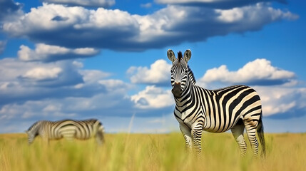 Fototapeta premium Wild Zebra Embraces the Green Meadow under Dramatic Skies, Wildlife nature. Generative AI