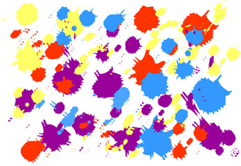 Happy Holi festival of colors. Holiday of hinduism, bengali new year. Splashes colorful of paint on white background. Template with inscription for banner, flyer, postcard. Flat vector illustration.