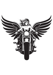 female angel with wings rides a motorcycle,black and white color motorcycle tattoos,motorcycle stickers,eps vector illustration,